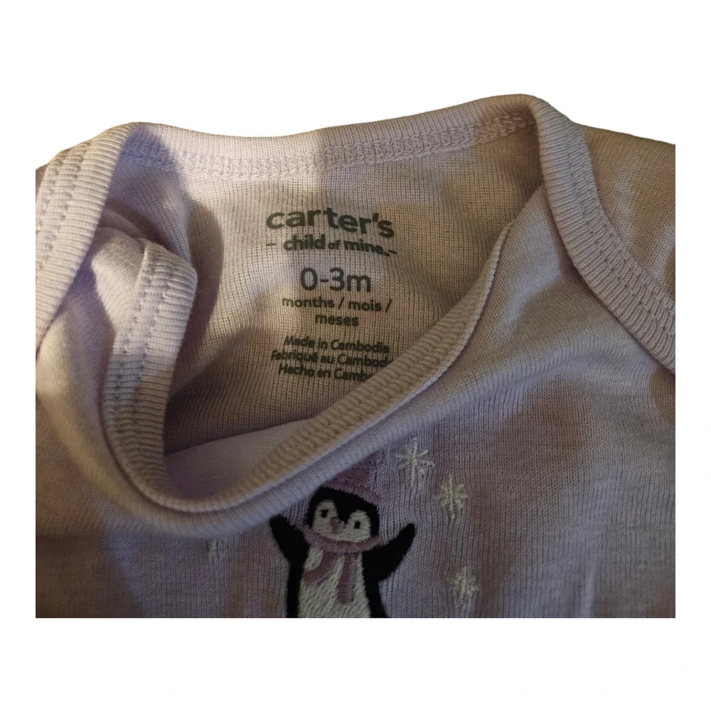 Carter's 0-3m Short Sleeve Purple Penguin Snap Closure Bodysuit